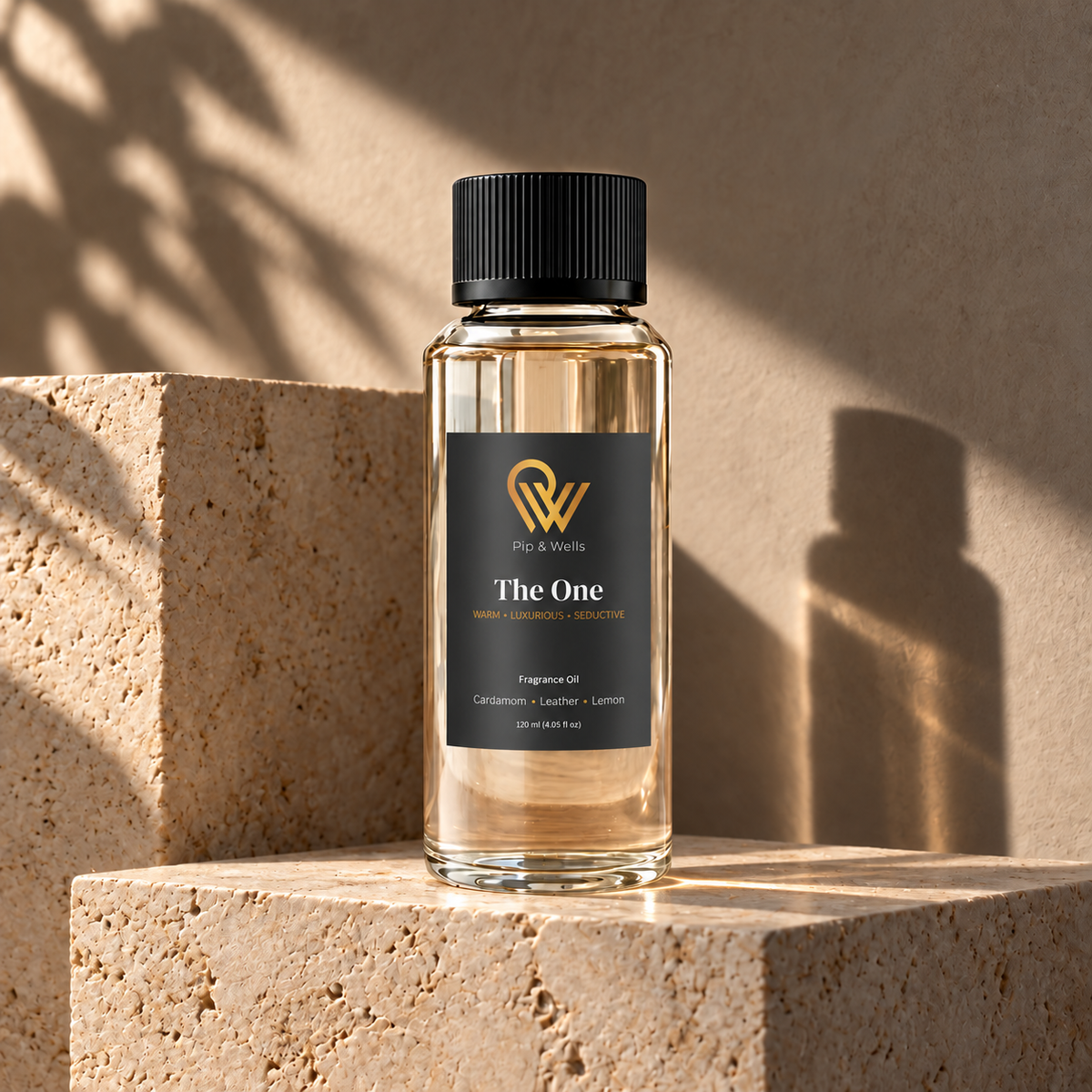Pip & Wells The One 120 ml fragrance oil bottle on sculptural stone blocks in warm sunlight