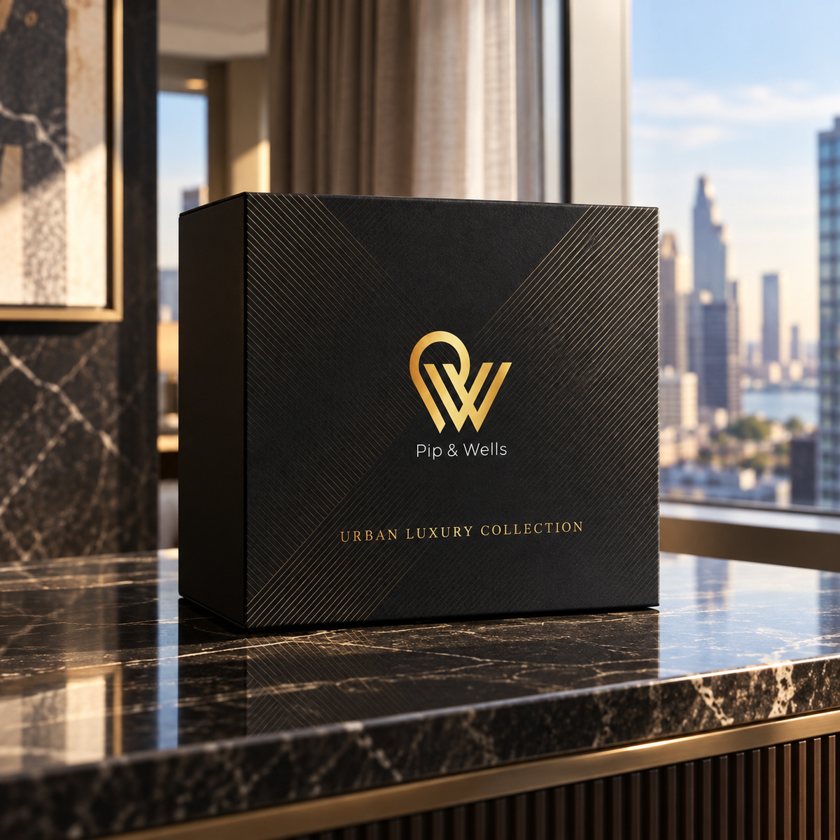 Black Pip & Wells Urban Luxury Collection gift box on a marble console with a city view