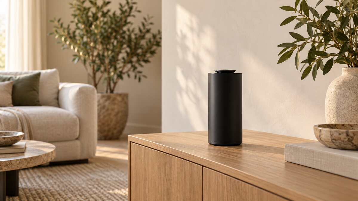 Black fragrance diffuser on a light oak sideboard in a softly lit living room.